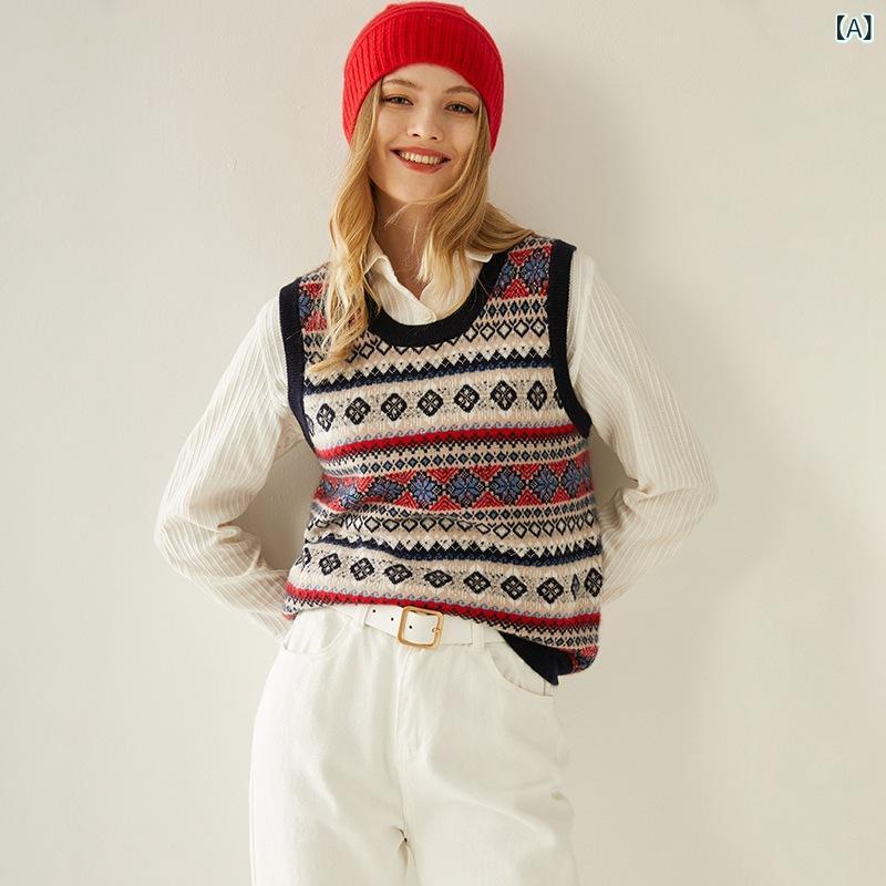 ベスト レディース カシミヤ100% 上質 山羊絨 ニットジレ 秋冬 ラウンドネック 丸首 レトロ ジャカード織り 上品 暖かい あったか トップス 通勤 オフィス カジュアル デイリーユース 普段使い