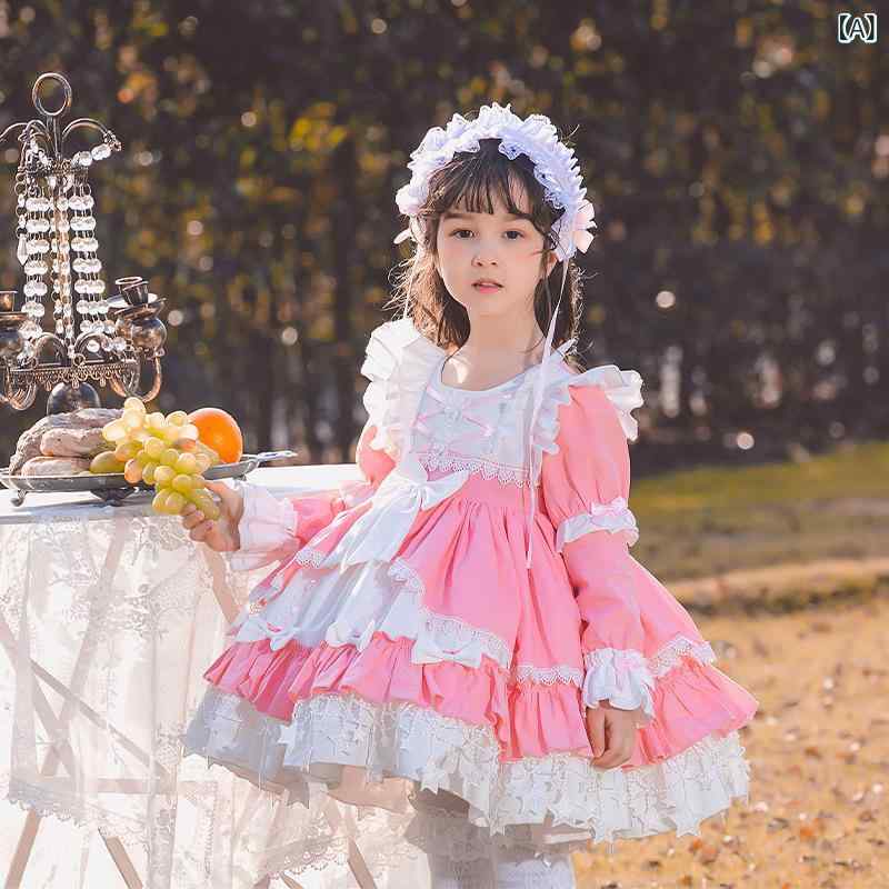 キッズ 女の子 ロリータ プリンセス お姫様 ワンピース 長袖 チュールスカート ボリューム パニエ入り 高級感 フォーマル 発表会 誕生日 結婚式 セレモニー コットン ピンク 春秋 3歳 8歳