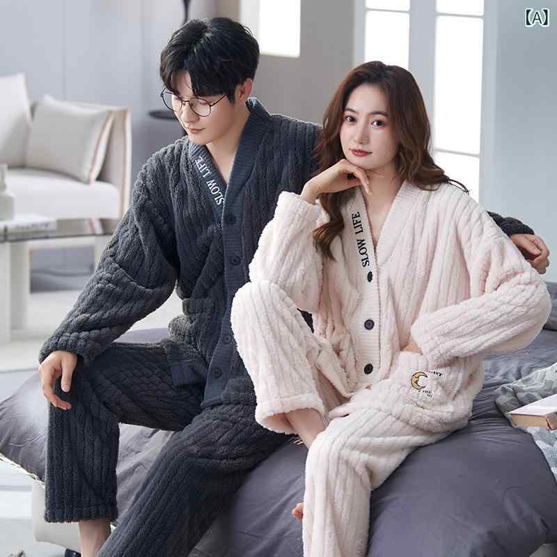 パジャマ 男女兼用 カップル ペア フランネル コーラルフリース 厚手 裏起毛 暖かい 保温 かわいい Vネック 秋冬 ルームウェア 部屋着 長袖 ロングパンツ おうち時間