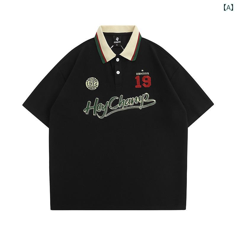 Tシャツ メンズ レディース カップル ペア アメリカンカジュアル ヴィンテージ レトロ プリント 襟付き 半袖 ゆったり ルーズフィット コットン100% 通気性 春夏