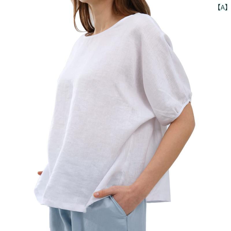Tシャツ レディース 春夏 綿麻リネン 無地 半袖 ゆったり トップス カジュアル きれいめ 通勤 普段使い ランタンスリーブ バルーン袖 ラウンドネック 丸首 白 黒 ピンク ブルー ベージュ