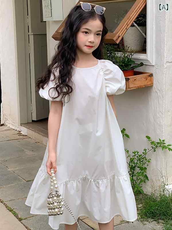 ワンピース ガールズ ジュニア 春夏 半袖 パフスリーブ フリル ティアードスカート ミディ丈 ボヘミアン リゾート カジュアル 韓国風 綿100% ホワイト 無地 おしゃれ トレンド