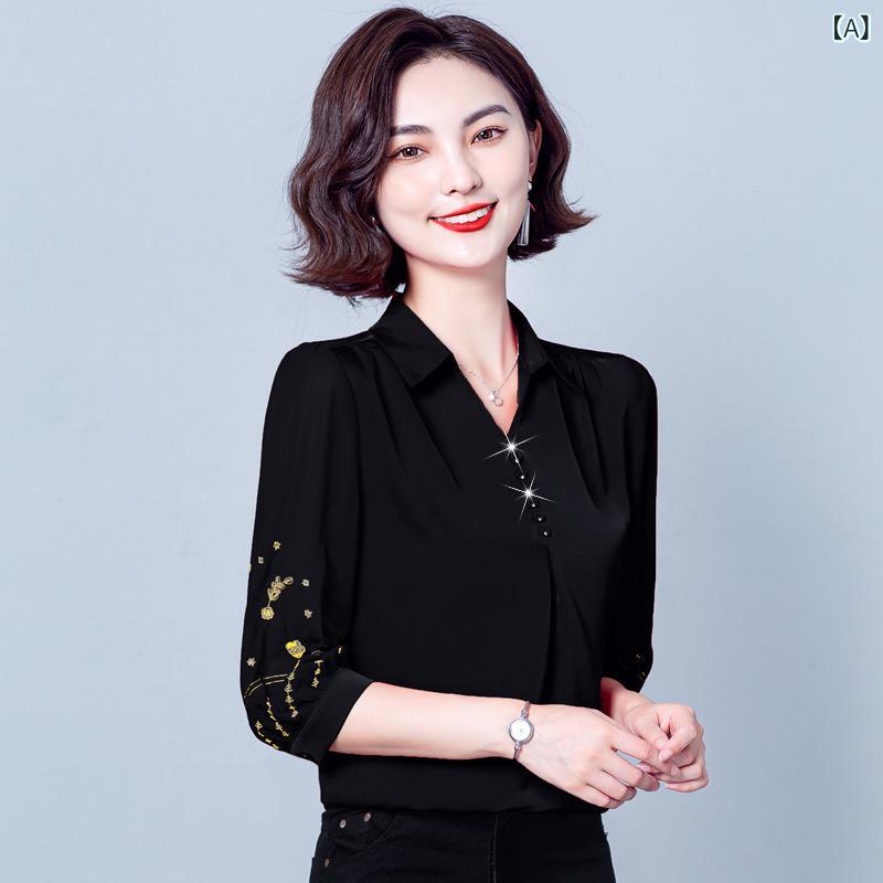 シャツ レディース 女性用 シフォン 七分袖 ゆったり 体型カバー 刺繍 韓国風 ビッグシルエット ポロ襟 無地 上品 きれいめ 着回し 通勤 伸縮性 春夏