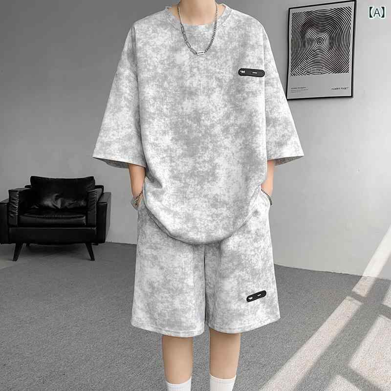 カジュアルセットアップ メンズ 春夏 クルーネック 7分袖 Tシャツ ショートパンツ ハーフパンツ 2点セット タイダイ染め 大きいサイズ ビッグサイズ ポリエステル 綿混紡 普段使い リラックス スポーツ アウトドア 白 黒