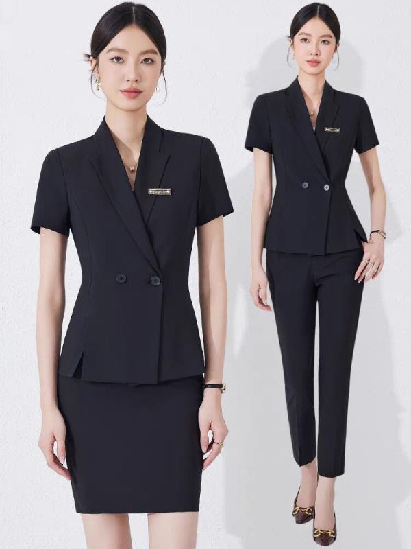 スーツ レディース 女性用 セットアップ ブラック 黒 春夏 半袖 ビジネス オフィス フォーマル 通勤 事務服 受付 制服 ユニフォーム ポリエステル エレガント 上品