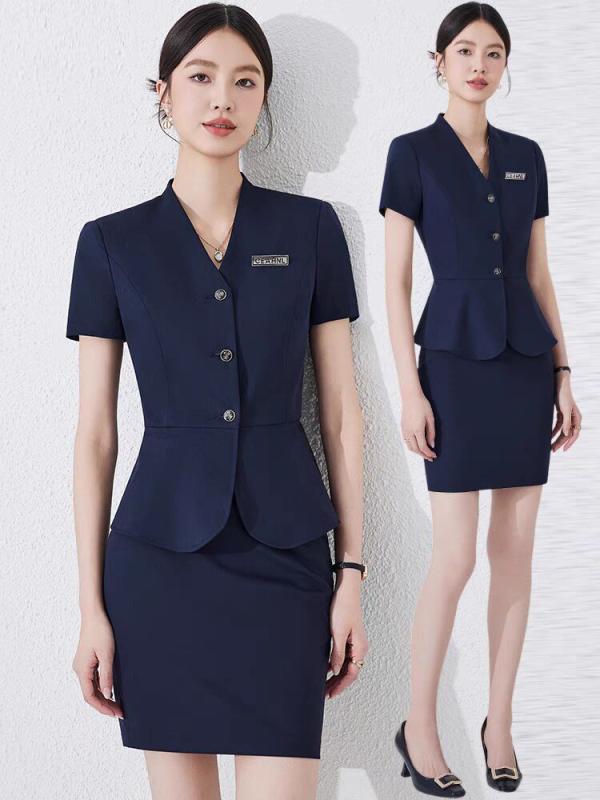 スーツ レディース セットアップ 事務服 半袖 夏 受付 フロント 接客 販売 ホテル 美容院 ジュエリーショップ 不動産 オフィス 制服 ユニフォーム 通勤 OL マネージャー エレガント ポリエステル