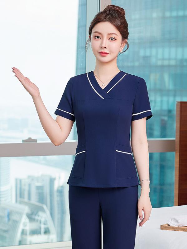 制服 レディース ユニフォーム 春夏 半袖 薄手 セットアップ エステ サロン 美容院 マッサージ 施術 業務 オフィス 通勤 ポリエステル ストレッチ 上品 エレガント