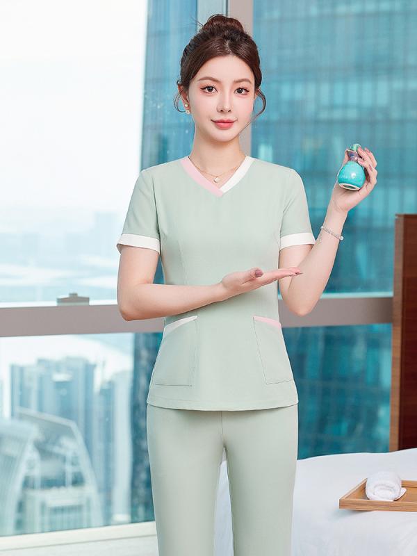 ユニフォーム レディース エステ サロン 美容クリニック SPA 施術着 セラピスト マッサージ 産後ケア 高級感 エレガント セットアップ 半袖 ロングパンツ ポリエステル