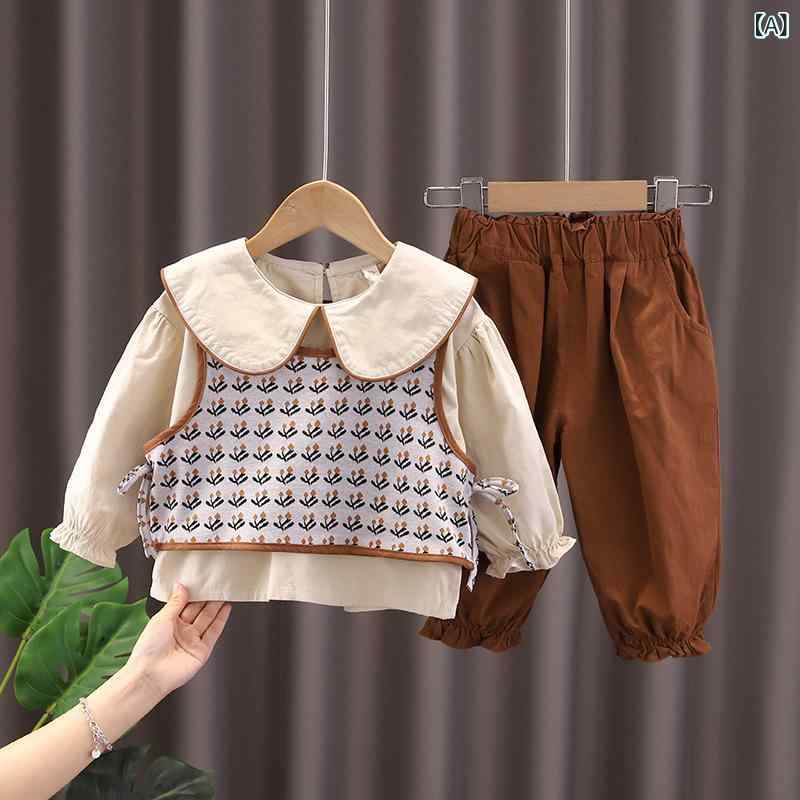 キッズ 女の子 ベビー服 春秋 かわいい カジュアル ナチュラル コットン カーキ ベスト ジレ 長袖 小花柄 パンツ 3点セット セットアップ