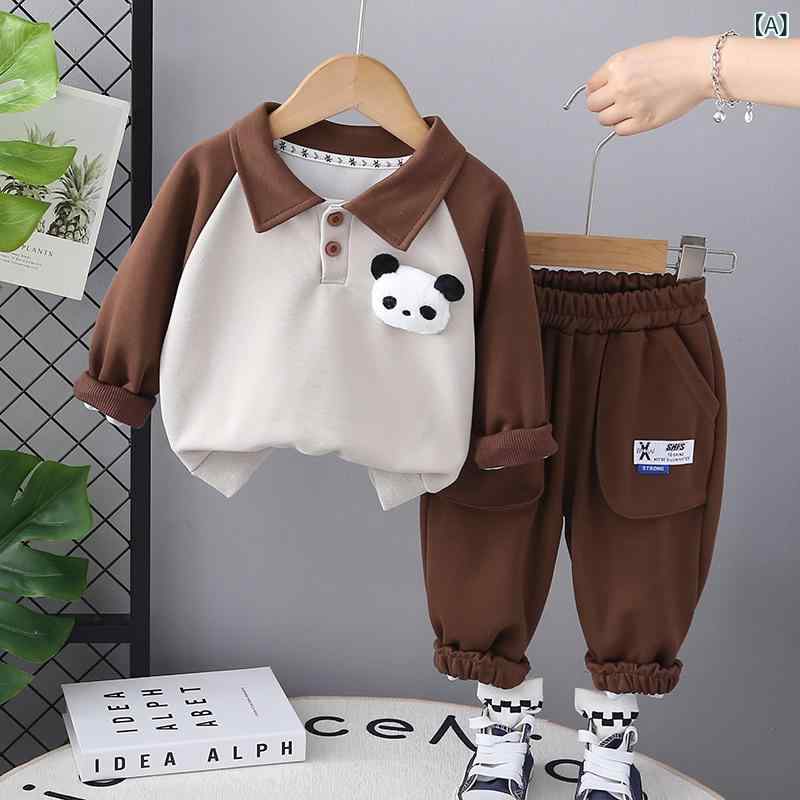 セットアップ 男の子 1歳 2歳 3歳 4歳 5歳 春秋 長袖 襟付き ポロシャツ 長ズボン 2点セット カジュアル おしゃれ 柔らかな肌触り 綿素材 パンダ柄 普段使い お出かけ 通園 ブラウン ネイビー