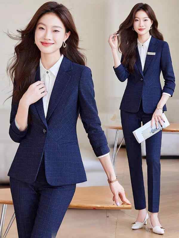 スーツ レディース 青 ブルー チェック柄 ジャケット セットアップ 春秋 ホテル マネージャー 制服 ビジネス オフィス フォーマル エレガント 上品 きれいめ 長袖 ポリエステル レーヨン混