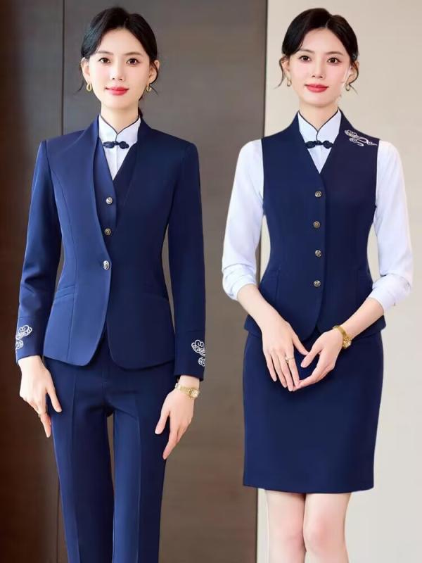 制服 レディース ホテル レストラン 飲食 フロント 受付 事務 業務用 作業服 秋冬 ベスト ジレ スーツ セットアップ ユニフォーム ポリエステル 上品