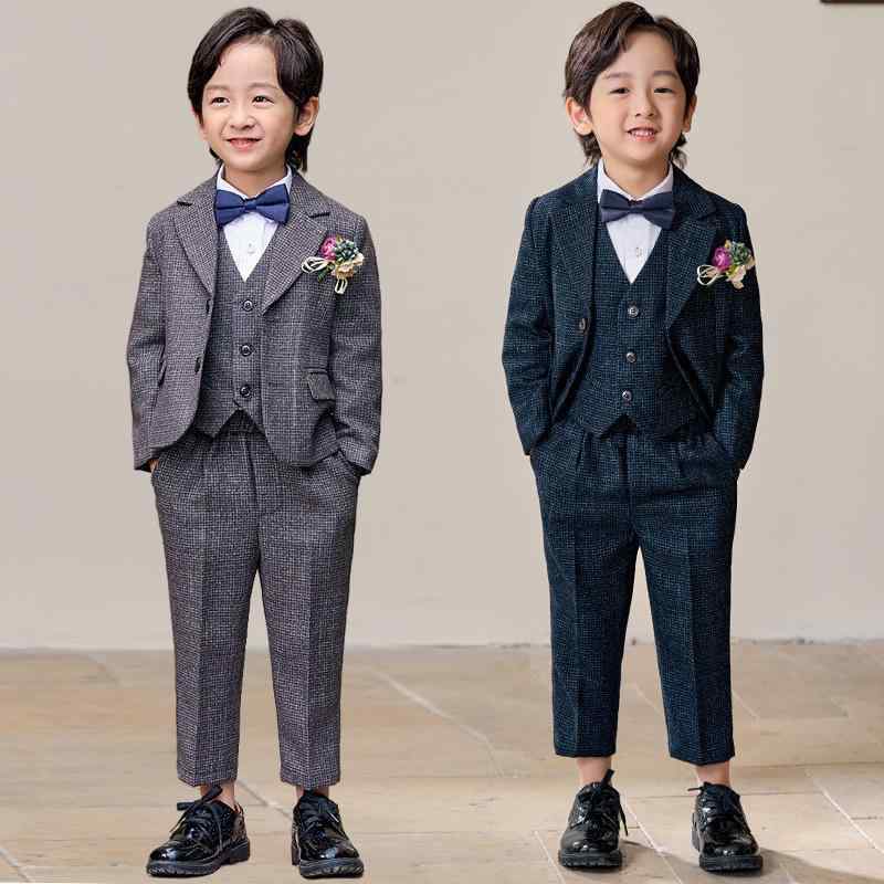 男の子 スーツ フォーマル 礼服 ベスト ジレ セットアップ 結婚式 ウェディング 誕生日 発表会 演奏会 イベント 舞台 衣装 ジュニア 子供服 長袖 ジャケット パンツ 3点セット ポリエステル ブルー系 ダークグレー 秋冬