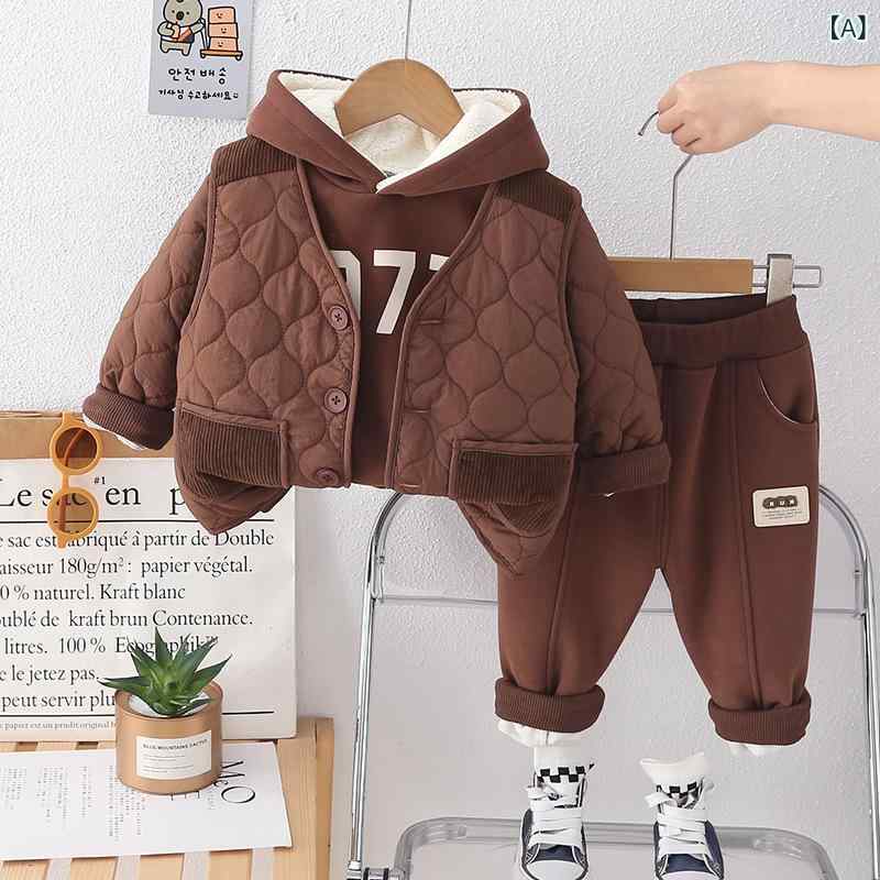 ベビー服 男の子 キッズ 秋冬 裏起毛 厚手 ベスト セットアップ 3点セット フード付き 長袖 長ズボン パンツ 綿 コットン 暖かい 防寒 チェック柄 韓国風 おしゃれ かわいい トレンド 普段使い