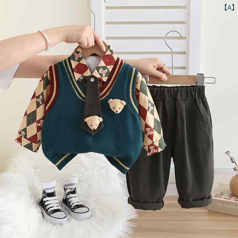 子供服 セットアップ キッズ ベビー ジルコニア柄 ベスト 長袖Tシャツ パンツ 3点セット 春秋 綿 チェック柄 キャラクター カジュアル ネイビー イエロー おしゃれ 普段使い お出かけ