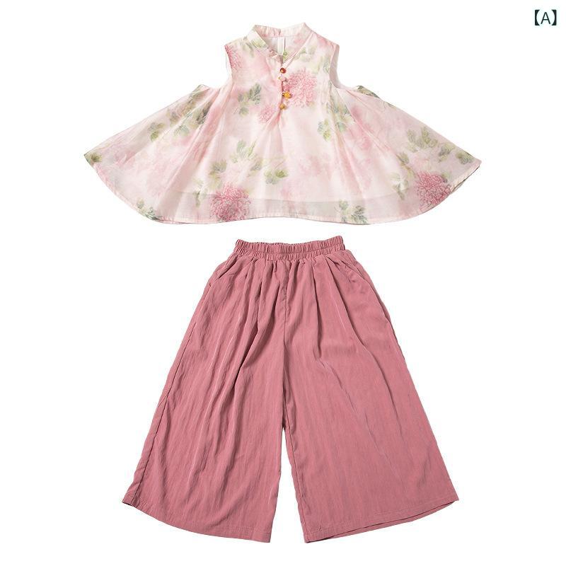 漢服 女の子 キッズ 中華風 夏物 セットアップ 9分丈パンツ 2点セット 薄手 涼しい 柔らか素材 ゆったり かわいい 普段使い イベント 衣装 発表会 4,070円