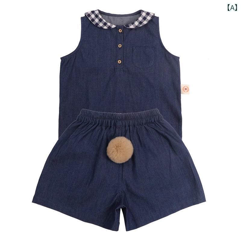 キッズ セットアップ 男女兼用 春夏 セーラーカラー うさぎしっぽ 軽量 薄手 デニム ノースリーブ トップス ショートパンツ ルームウェア 部屋着 パジャマ
