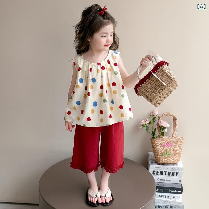 セットアップ 女の子 キッズ ベビー ノースリーブ トップス 七分丈パンツ 2点セット 綿混 薄手 ドット柄 柔らかい 夏服 おしゃれ かわいい カジュアル 普段着 お出かけ