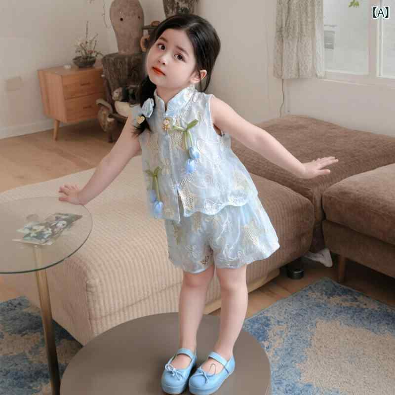 セットアップ キッズ 女の子 中華風 夏 ノースリーブ トップス ショートパンツ 短パン プリンセス風 2点セット 綿混 薄手 柔らか おしゃれ かわいい ブルー カジュアル お出かけ 普段使い