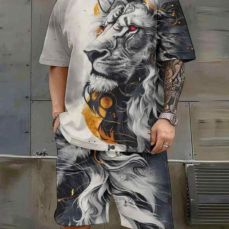 トレーニングウェア セットアップ メンズ 男性用 キャラ 3Dアニマルプリント 半袖Tシャツ トップス カジュアル 普段使い ビッグサイズ ゆったり 春夏 クルーネック ポリエステル