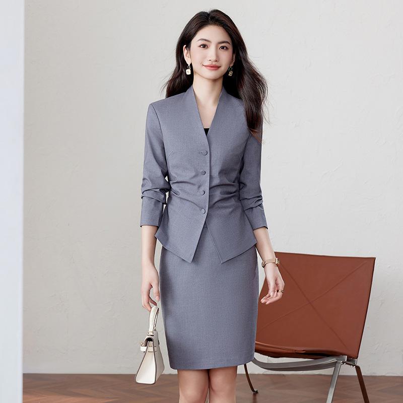 スーツ レディース ジャケット スカート セットアップ オフィス ビジネス フォーマル 制服 ユニフォーム 受付 接客 宝飾店 ホテル 事務服 通勤 グレー 春秋 ポリエステル素材 ストレッチ素材