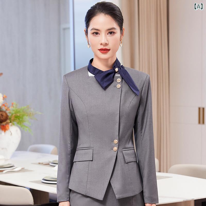 スーツ レディース セットアップ 春秋 オフィス ビジネス 制服 ユニフォーム 接客 受付 ホテル 美容院 宝石店 事務服 長袖 ジャケット スカート パンツ ポリエステル グレー ネイビー 上品 エレガント