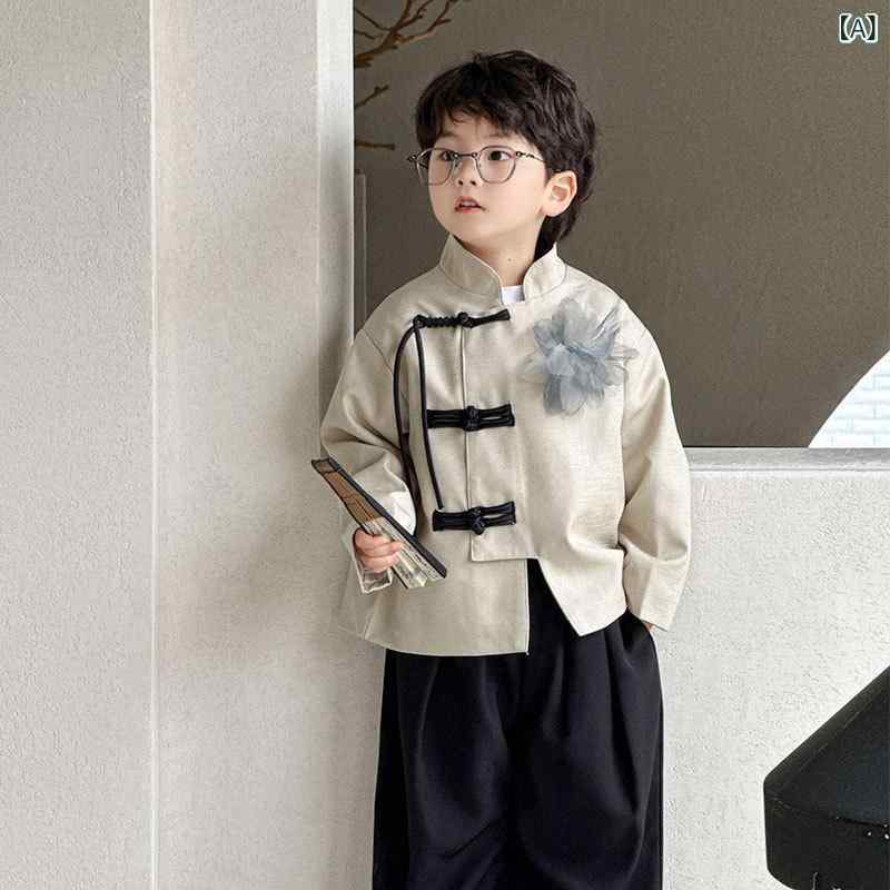 唐装 男の子 子供 漢服 中華服 中国風 中式 立ち襟 トップス 上着 セットアップ 春秋 ポリエステル レトロ クラシカル 普段使い 発表会 イベント 衣装 快適