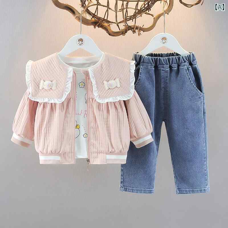 ベビー キッズ 女の子 デニム ロングパンツ セットアップ 3点セット カジュアル 普段使い おしゃれ かわいい 春物 コットン 綿 ジップアップ 長袖 ピンク 無地