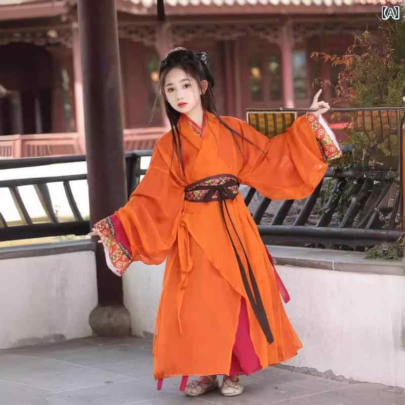 漢服 女の子 キッズ 女児 中国風 中華風 戦国袍 直裾 交領 花柄 オレンジ 橙色 セットアップ アンサンブル 発表会 ステージ衣装 コスプレ イベント プリンセス かわいい 柔らかい 春夏