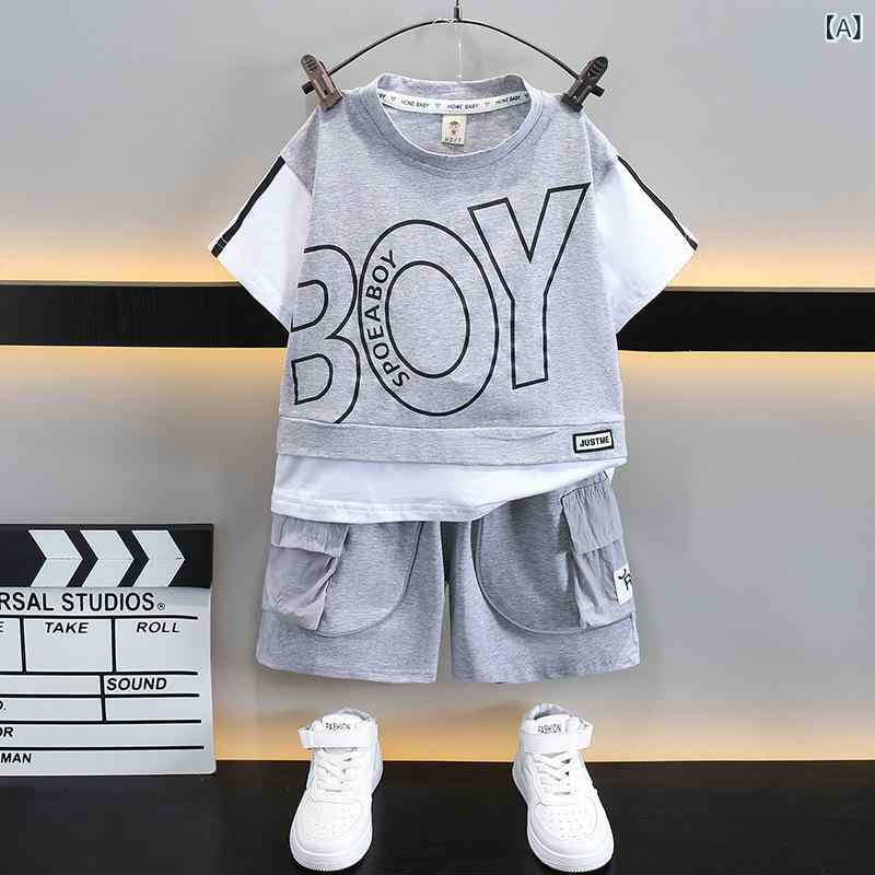 セットアップ 男の子 ボーイズ キッズ 子供 夏 半袖 ショートパンツ 薄手 韓国風 コットン アルファベット柄 カジュアル 普段着 部屋着 ルームウェア 柔らかい 快適 おしゃれ グレー ブラック