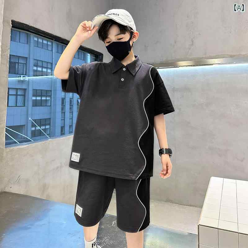 キッズ 男の子 セットアップ 夏 半袖 Tシャツ ショートパンツ カジュアル スポーツ 薄手 ストライプ柄 切り替え コットン ソフト トレンド ジュニア 2点セット グレー カーキ