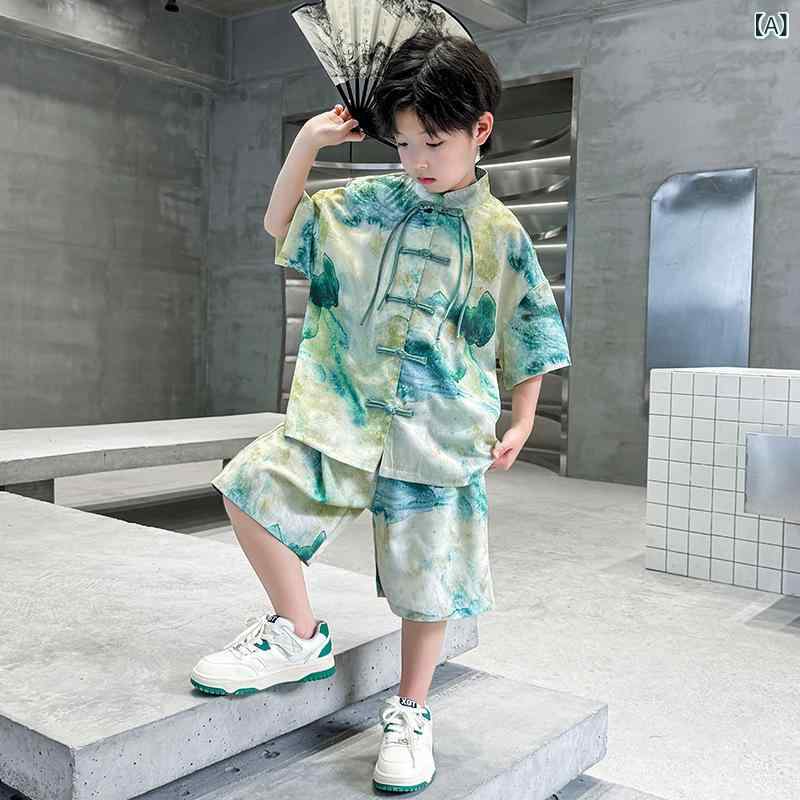 セットアップ キッズ 男の子 春夏 中華風 漢服 唐装 墨絵 雲柄 チャイナボタン 2点セット 薄手 涼しい ポリエステル 普段使い イベント 衣装