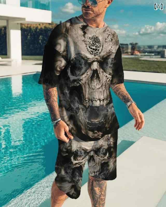 セットアップ メンズ 男性用 カップル カジュアル スポーツウェア スポーティ ファッション 半袖Tシャツ ショートパンツ 3Dプリント 綿混 ポリエステル 薄手 夏 サマー
