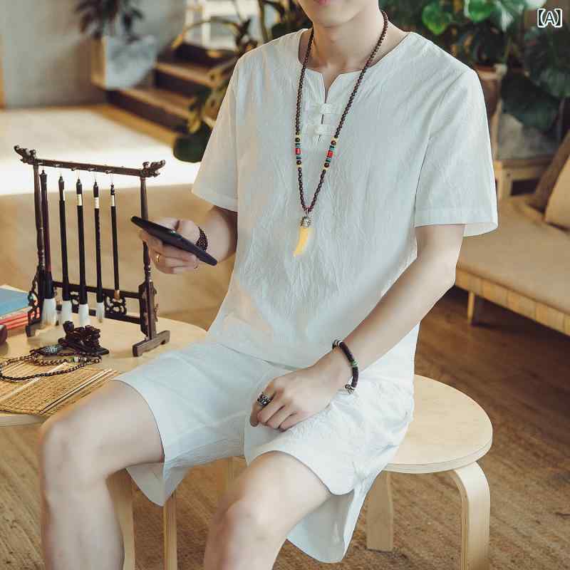 セットアップ メンズ 男性用 お父さん 夏物 綿麻 半袖Tシャツ ショートパンツ チャイナ風 アジアン 薄手 涼しい 普段使い カジュアル ルームウェア