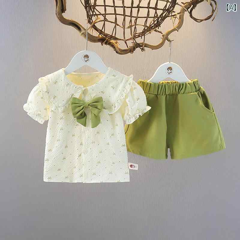 キッズ 女の子 ベビー 幼児 1-3歳 春夏 セットアップ 2点セット 半袖 トップス ショートパンツ 小花柄 フラワー 綿 コットン 薄手 かわいい おしゃれ プリンセス 普段着 お出かけ グリーン