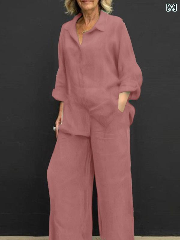 カジュアルセットアップ レディース 女性用 春夏 長袖トップス ワイドパンツ 2点セット 綿麻混 ポケット付き 通勤 オフィス リラックススタイル