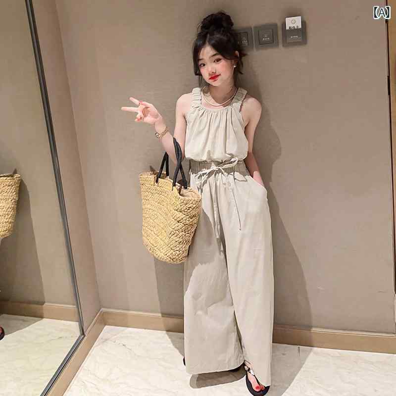 セットアップ 女の子 キッズ 女児 ジュニア 夏服 キャミソール トップス ワイドパンツ ズボン 2点セット 無地 おしゃれ トレンド 綿混 ミドルウエスト カジュアル 涼しい 快適 普段使い お出かけ