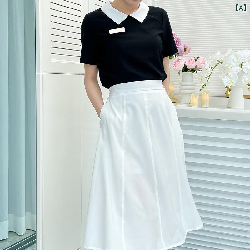 スカートセットアップ 春夏 半袖 カフェ 美容院 飲食店 サロン ワークユニフォーム 制服 ポリエステル OL通勤 快適 ミモレ丈 Aラインスカート ブラック ホワイト