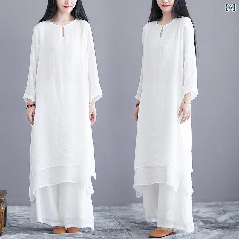 セットアップ レディース 秋冬 民族風 中国風 茶服 レトロ 禅風 かわいい 清楚 エレガント 綿 コットン ツーピース ゆったり 無地 ホワイト 普段使い リラックスウェア ファッション
