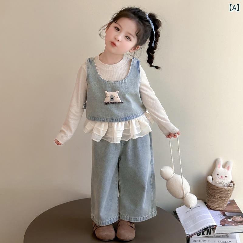 デニム 女の子 ベビー キッズ 子供服 カジュアル おしゃれ 3点セット セットアップ 長袖 長ズボン 春秋 韓国ファッション 柔らかな肌触り 普段使い ライトブルー ポリエステル混素材