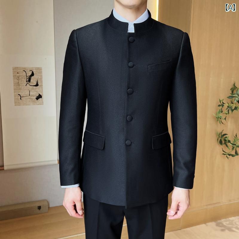 スーツ メンズ 秋新作 中国風 民族衣装 フォーマル カジュアル セットアップ 2点セット 中山服 唐装 スタイリッシュ ポリエステル混紡 ブラック