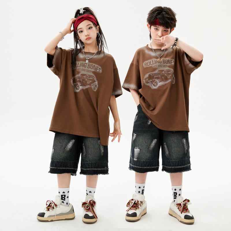 キッズ ダンスウェア 男の子 女の子 ヒップホップ ストリート系 発表会 ステージ パフォーマンス 綿 コットン 半袖 Tシャツ デニム ショートパンツ おしゃれ セットアップ