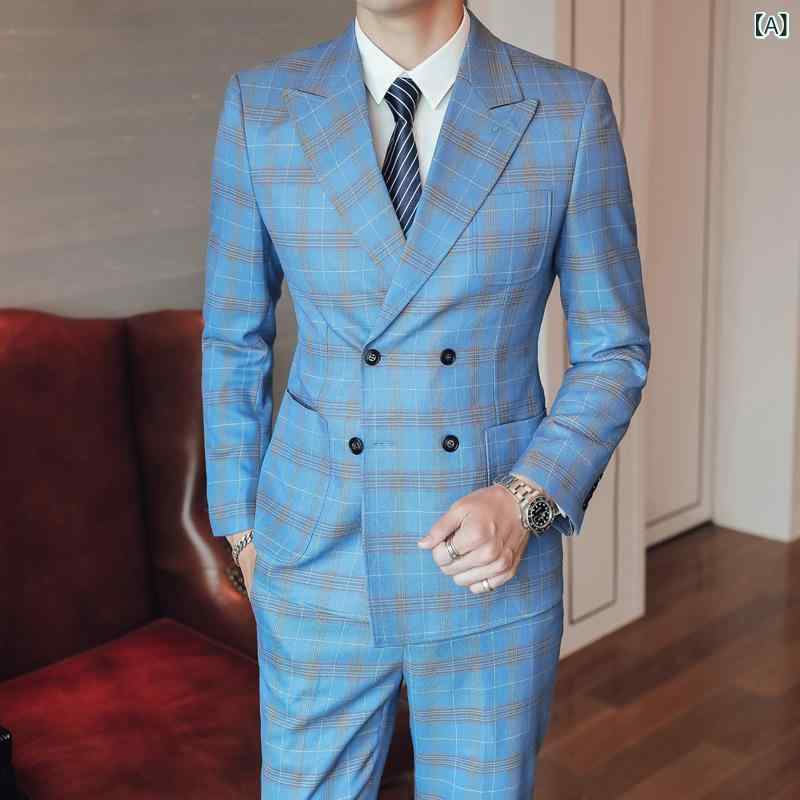 スーツ メンズ 男性用 ダブルブレスト スリーピース セットアップ スリムフィット レーヨン混紡 新郎 結婚式 披露宴 ベストマン パーティー 謝恩会 式典 フォーマル チェック柄 ロイヤルブルー 青系 春秋｜Hanbok Home