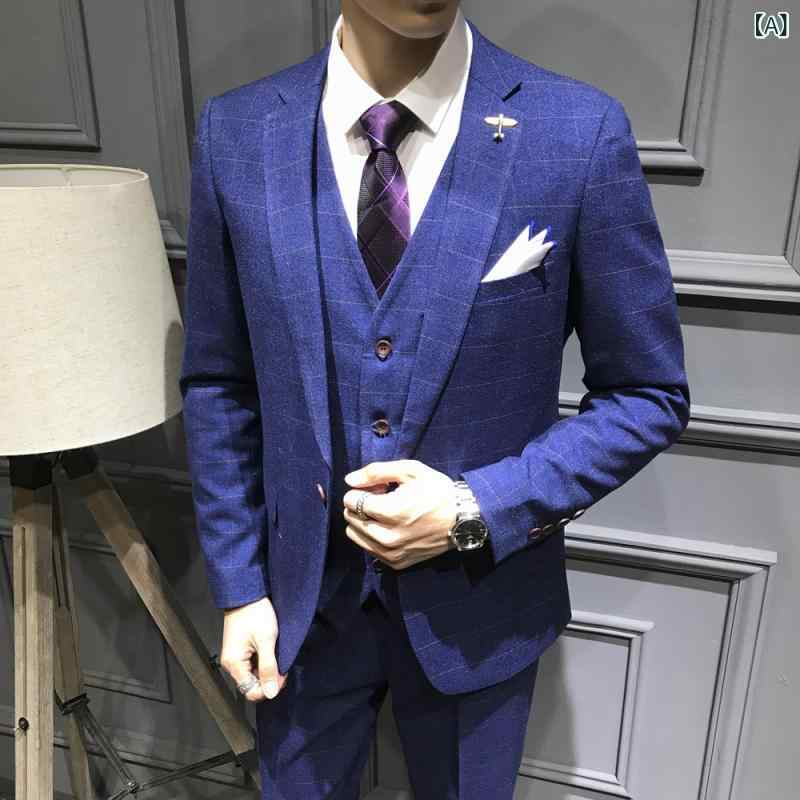 スーツ 男性用 チェック柄 ビジネス カジュアル 結婚式 新郎 フォーマル スリーピース ベスト スラックス スリムフィット 韓国風 綿混素材 春秋冬 ブルー ブラック セットアップ｜Hanbok Home