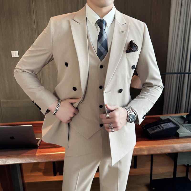 スーツ メンズ 男性用 ダブルブレスト スリーピース セットアップ スリム 細身 ビジネス フォーマル オフィスカジュアル 春夏 ピークドラペル 再生繊維 大きいサイズ