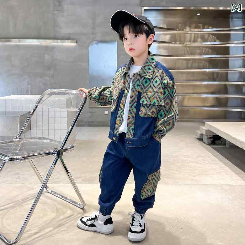キッズ 男の子 セットアップ 韓国風 春物 プリント デニム 長袖 ロングパンツ ツーピース ジップアップ カジュアル おしゃれ 普段着 コットン ロイヤルブルー