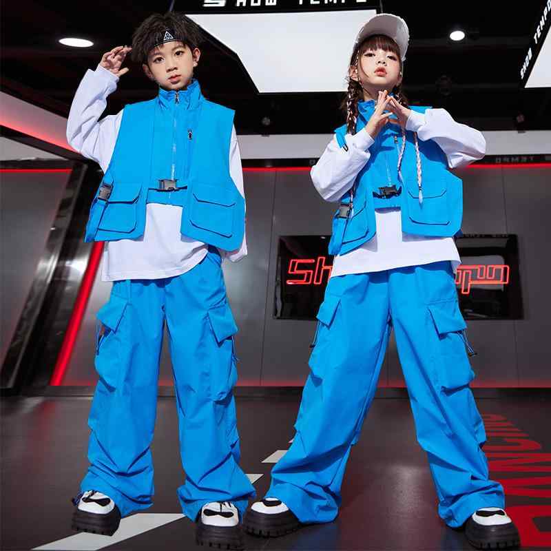 ダンスウェア キッズ 男の子 女の子 男女兼用 ジュニア ヒップホップ ストリート ジャズダンス 衣装 セットアップ 発表会 イベント ステージ パフォーマンス 練習着 クール おしゃれ 綿混 コットンブレンド 白 青