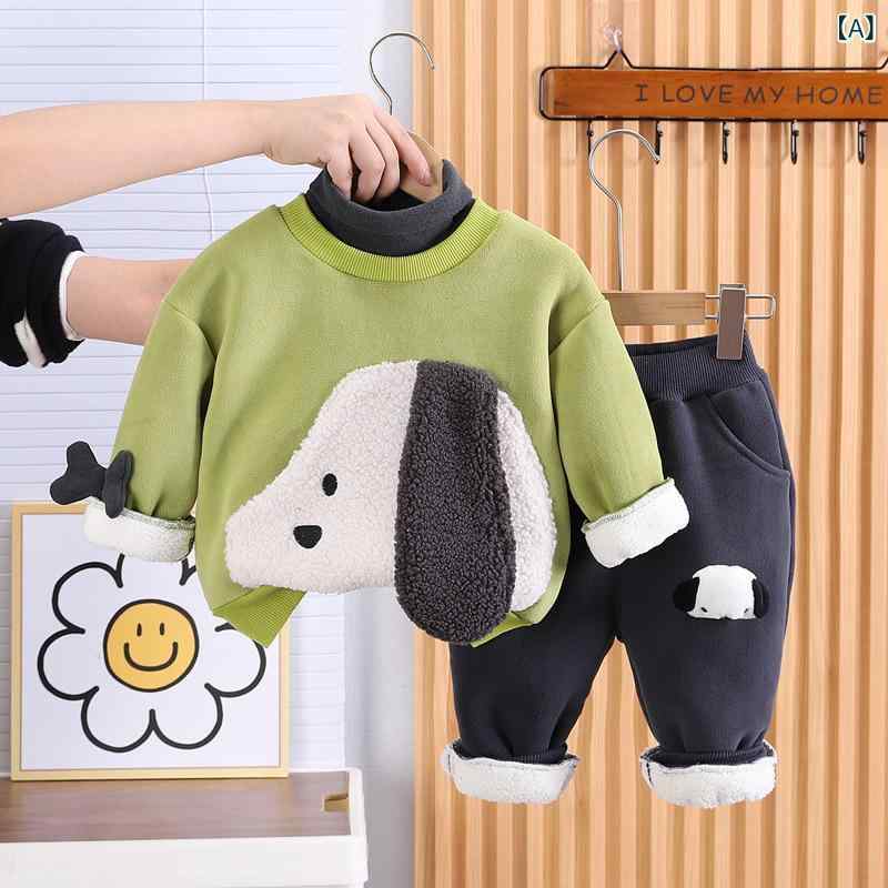 キッズ 男の子 ベビー 幼児 セットアップ 裏起毛フリース 綿 厚手 ドッグ柄 アップリケ キャラクター かわいい おしゃれ カジュアル 秋冬 防寒 保温 あったか 普段着 通園 通学 上下2点セット 長袖長ズボン グリーン ブルー ブラウン