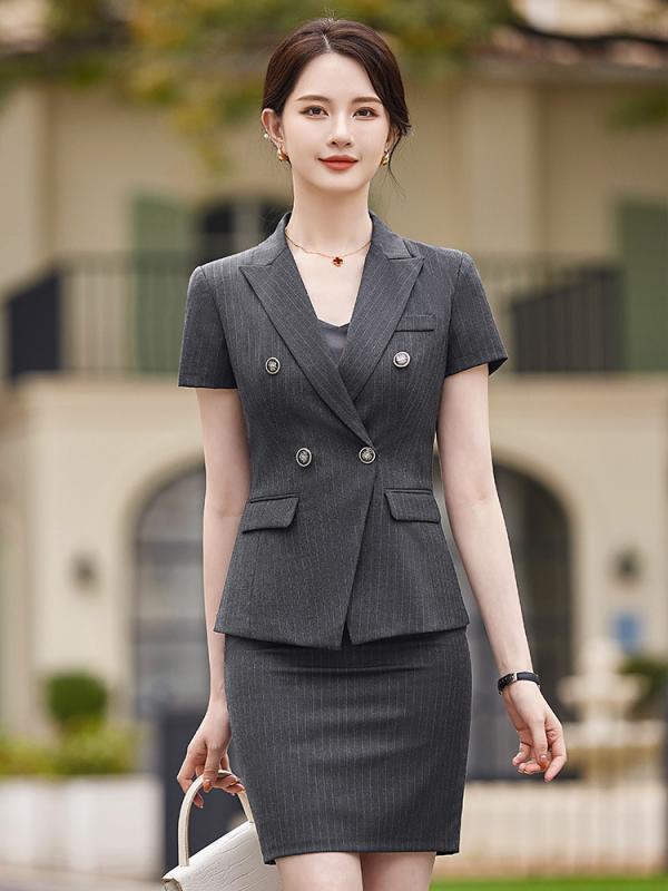 スーツ レディース ストライプ柄 半袖 ビジネスセットアップ OL通勤 オフィス フォーマル 制服 エレガント きれいめ ポリエステル 夏