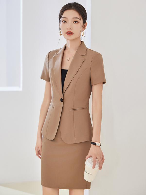 セットアップ レディース 女性用 半袖 ジャケット スカート ポリエステル素材 春夏 エレガント ビジネス オフィス 通勤 事務服 制服 受付 サービス業 ブラウン ミニ丈
